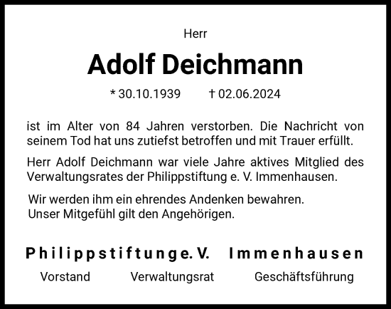 Traueranzeige von Adolf Deichmann von HNA