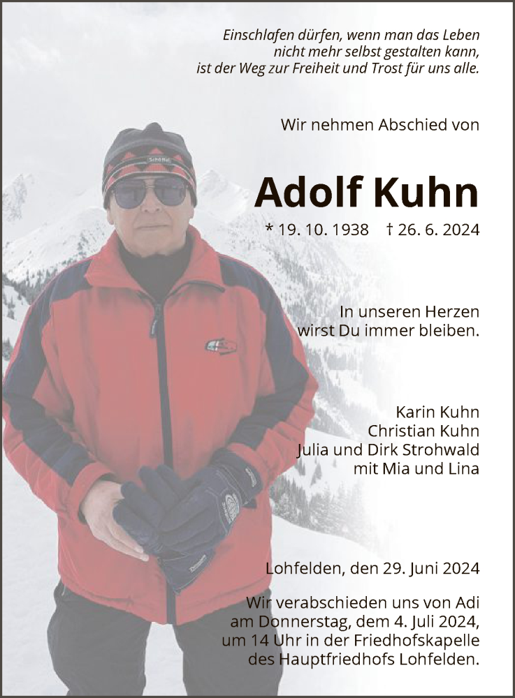  Traueranzeige für Adolf Kuhn vom 29.06.2024 aus HNA