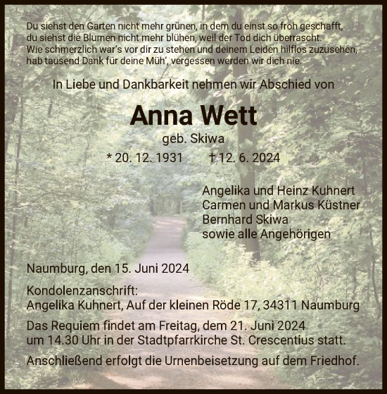 Traueranzeige von Anna Wett von HNA