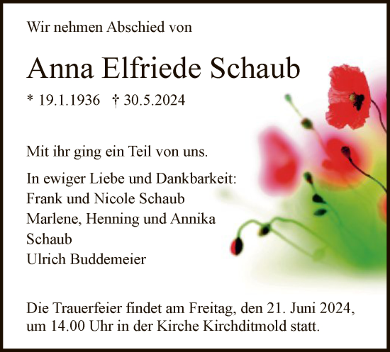 Traueranzeige von Anna Elfriede Schaub von HNA