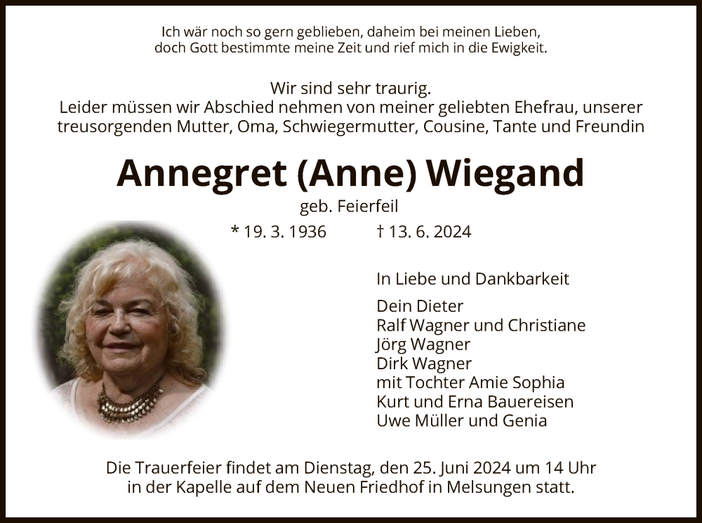  Traueranzeige für Annegret Wiegand vom 22.06.2024 aus HNA