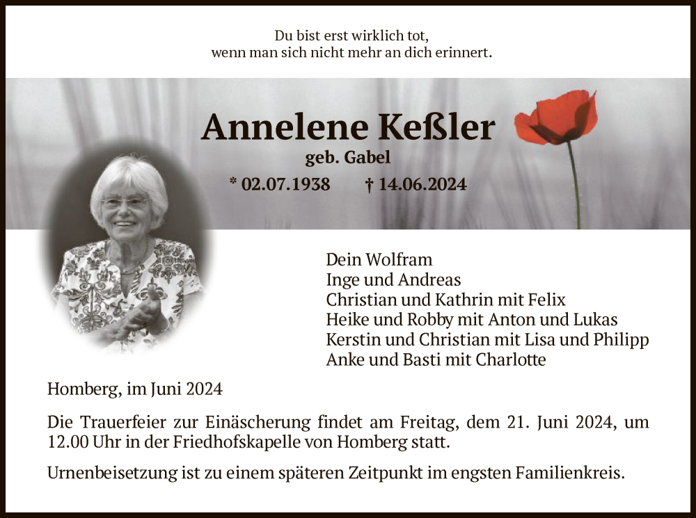  Traueranzeige für Annelene Keßler vom 19.06.2024 aus HNA