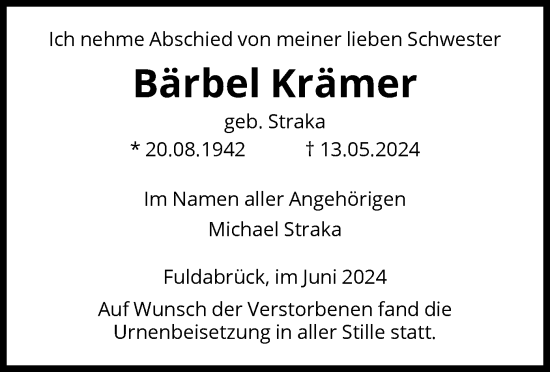 Traueranzeige von Bärbel Krämer von HNA