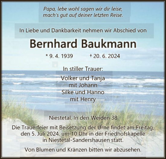 Traueranzeige von Bernhard Baukmann von HNA