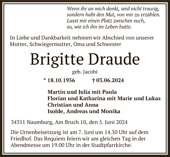 Traueranzeige von Brigitte Draude von HNA