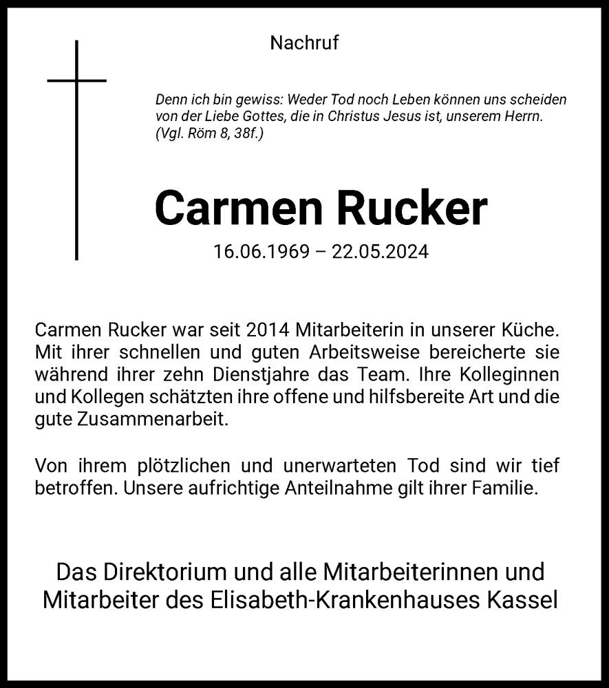  Traueranzeige für Carmen Rucker vom 08.06.2024 aus HNA