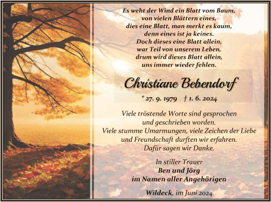 Traueranzeige von Christiane Bebendorf von HNAHZ