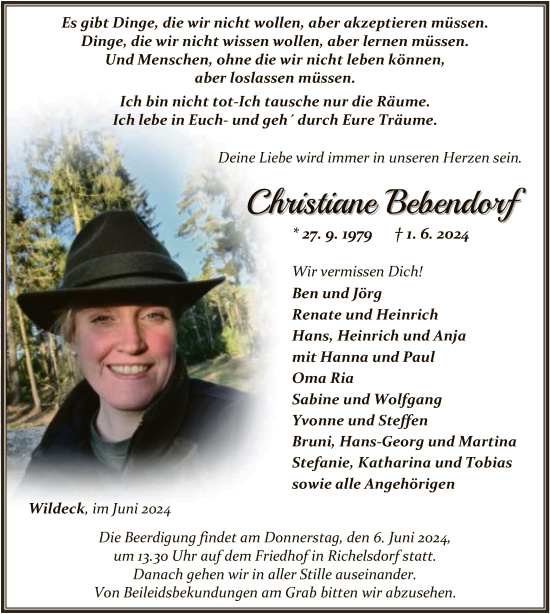 Traueranzeige von Christiane Bebendorf von HNAHZ