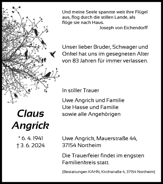 Traueranzeige von Claus Angrick von HNA