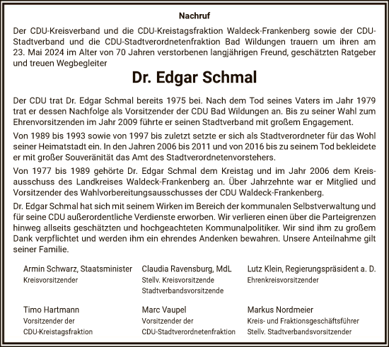 Traueranzeige von Edgar Schmal von WLZHNA