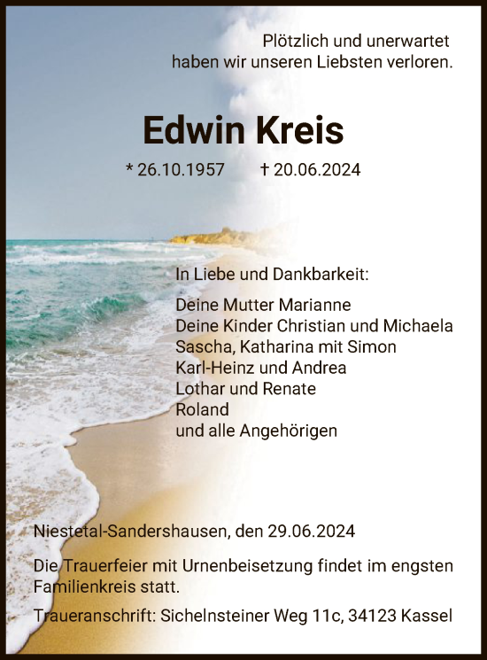 Traueranzeige von Edwin Kreis von HNA