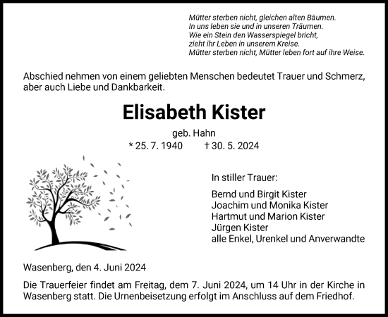 Traueranzeige von Elisabeth Kister von HNA