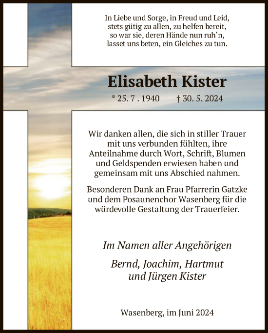 Traueranzeige von Elisabeth Kister von HNA