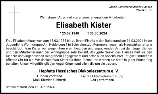 Traueranzeige von Elisabeth Kister von HNA