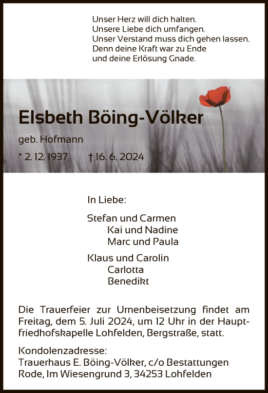 Traueranzeige von Elsbeth Böing-Völker von HNA