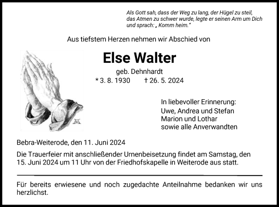 Traueranzeige von Else Walter von HNA