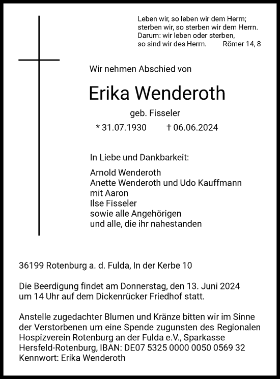 Traueranzeige von Erika Wenderoth von HNA