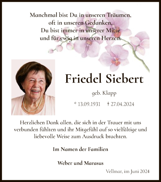 Traueranzeige von Friedel Siebert von HNA