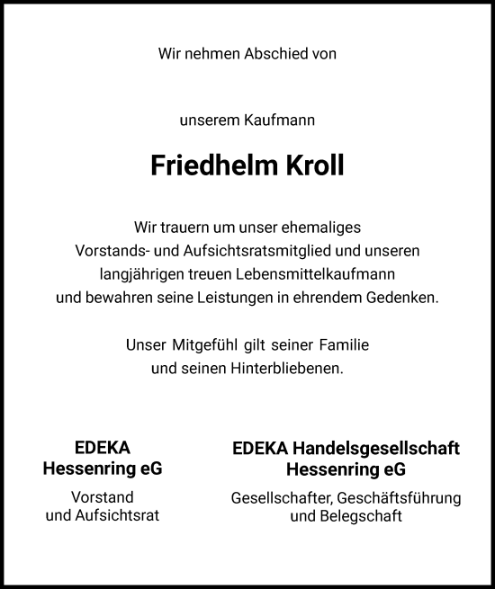 Traueranzeige von Friedhelm Kroll von HNAHNA