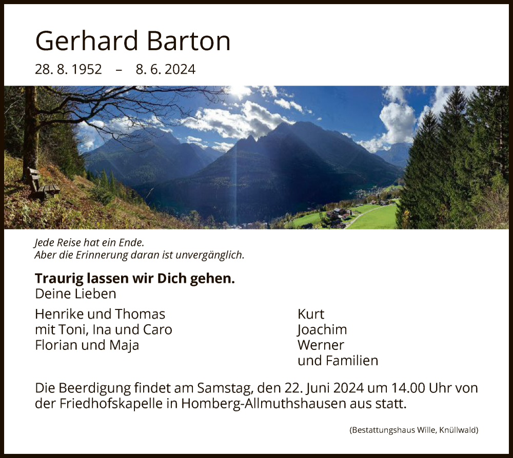  Traueranzeige für Gerhard Barton vom 19.06.2024 aus HNA