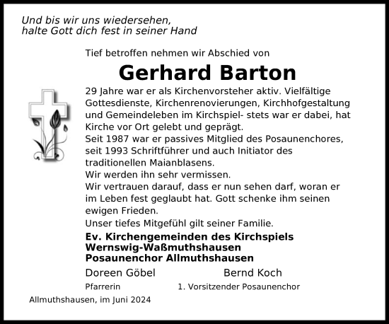 Traueranzeige von Gerhard Barton von HNA