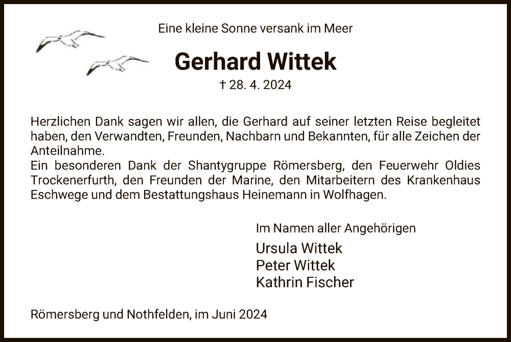  Traueranzeige für Gerhard Wittek vom 15.06.2024 aus HNA