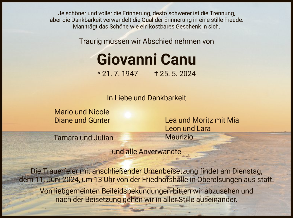  Traueranzeige für Giovanni Canu vom 05.06.2024 aus HNA