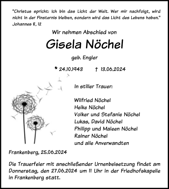 Traueranzeige von Gisela Nöchel von HNA