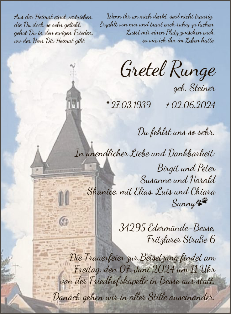  Traueranzeige für Gretel Runge vom 05.06.2024 aus HNA