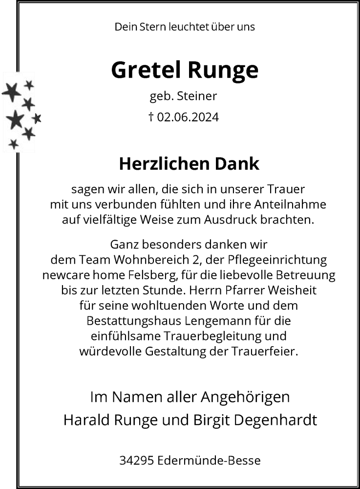  Traueranzeige für Gretel Runge vom 22.06.2024 aus HNA
