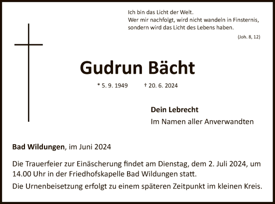 Traueranzeige von Gudrun Bächt von HNAWLZ