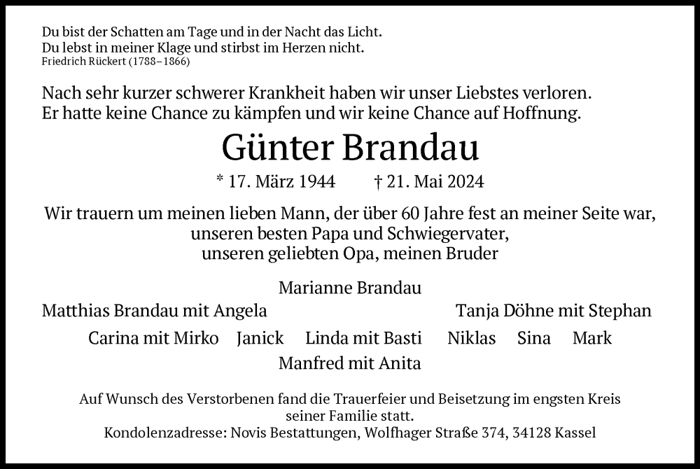  Traueranzeige für Günter Brandau vom 08.06.2024 aus HNA