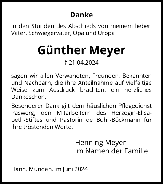 Traueranzeige von Günther Meyer von HNA