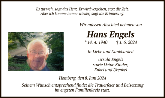 Traueranzeige von Hans Engels von HNA