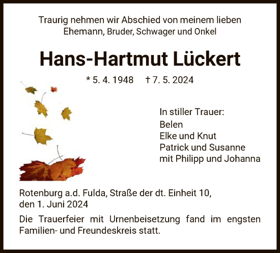 Traueranzeige von Hans-Hartmut Lückert von HNA