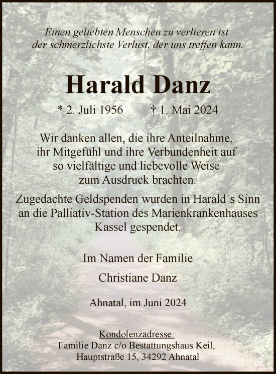 Traueranzeige von Harald Danz von HNA