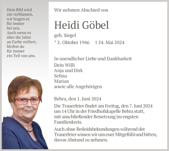 Traueranzeige von Heidi Göbel von HNAHNA