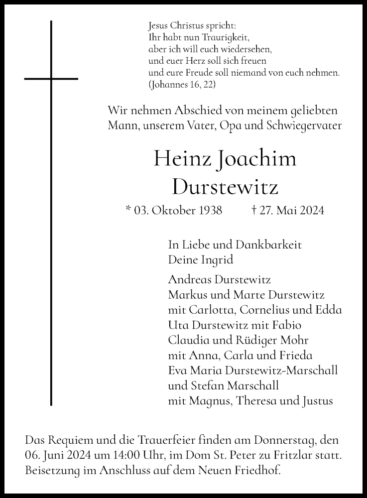  Traueranzeige für Heinz Joachim Durstewitz vom 01.06.2024 aus HNA