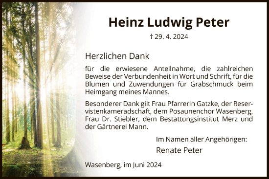 Traueranzeige von Heinz Ludwig Peter von HNA