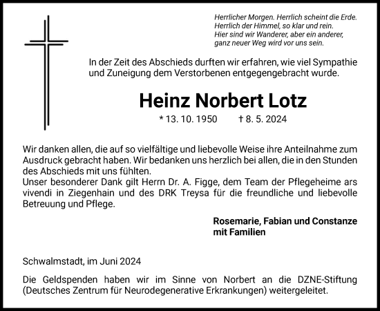 Traueranzeige von Heinz Norbert Lotz von HNA