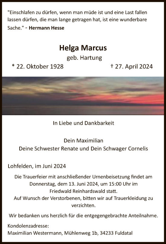 Traueranzeige von Helga Marcus von HNA