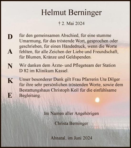 Traueranzeige von Helmut Berninger von HNAHNA