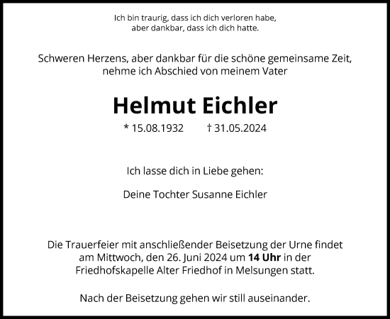 Traueranzeige von Helmut Eichler von HNA