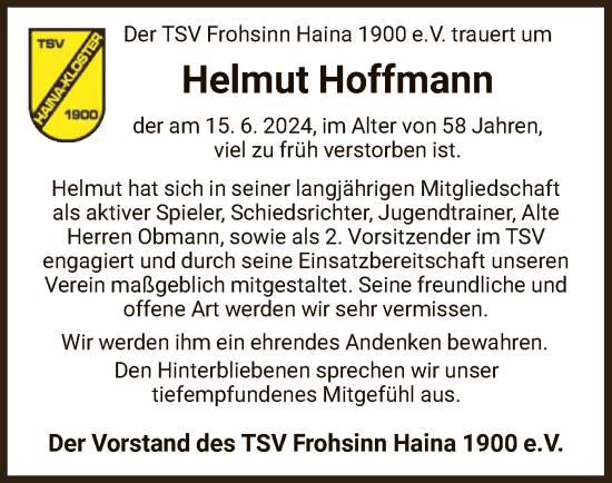 Traueranzeige von Helmut Hoffmann von HNA