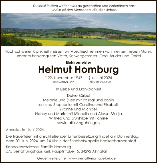 Traueranzeige von Helmut Homburg von HNAHNA