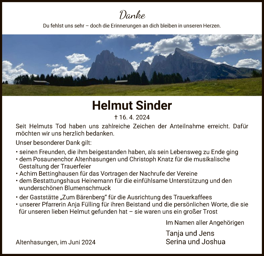  Traueranzeige für Helmut Sinder vom 01.06.2024 aus HNA