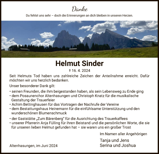 Traueranzeige von Helmut Sinder von HNA