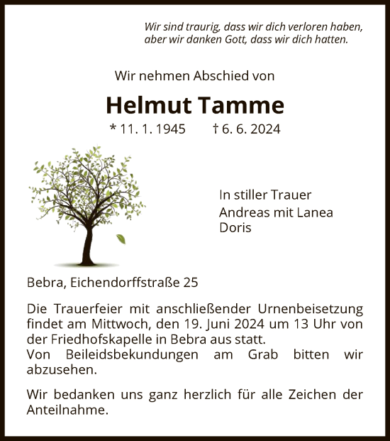 Traueranzeige von Helmut Tamme von HNA