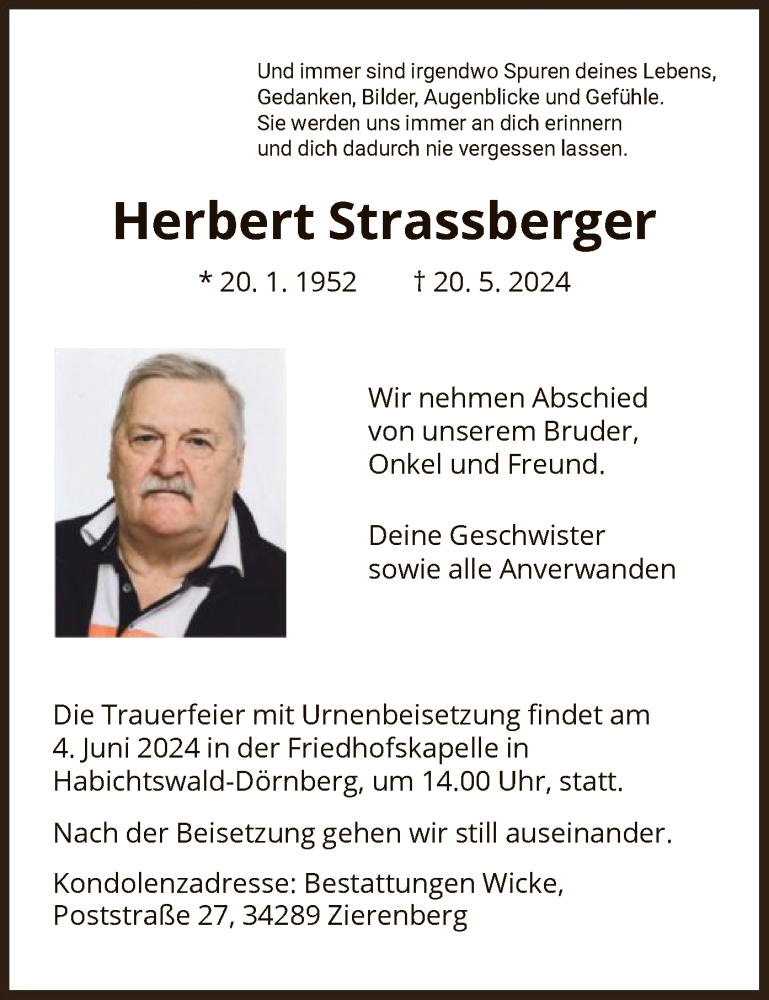  Traueranzeige für Herbert Strassberger vom 01.06.2024 aus HNA