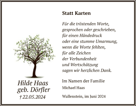 Traueranzeige von Hilde Haas von HNA
